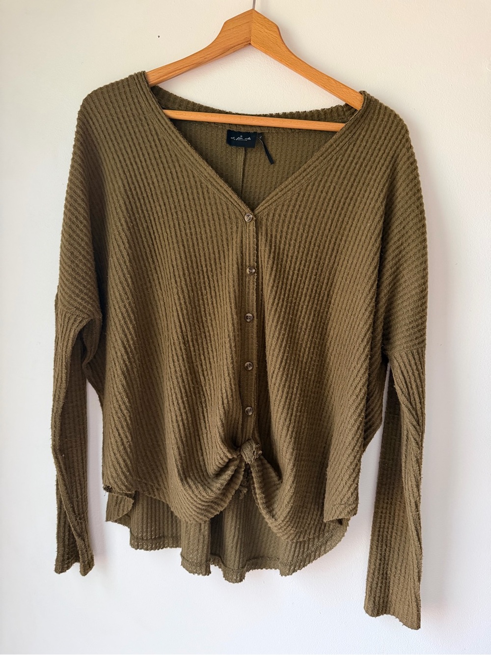 Urban Outfitters Olive Waffle-Knit Button Front Top with Front Tie